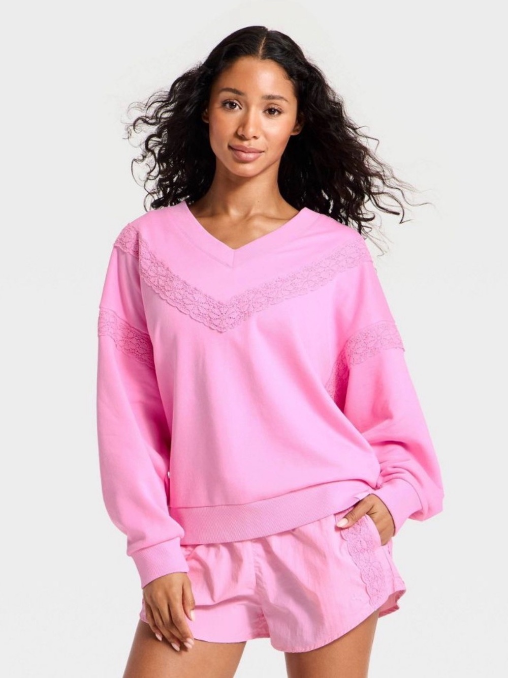 JoyLab Pink V-Neck Crochet Trim Crew Sweatshirt